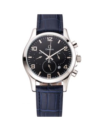 Omega Chronograph Black Dial Stainless Steel Case Blue Leather Strap