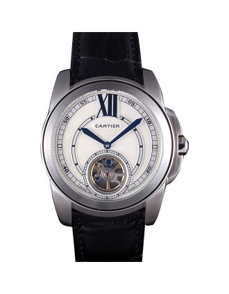 Cartier Calibre Flying Tourbillon White Dial Stainless Steel Case Black Leather Bracelet