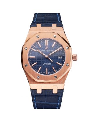 Swiss Audemars Piguet Royal Oak Blue Dial Gold Case Blue Leather Strap