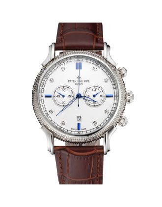 Patek Philippe Chronograph White Dial With Diamond And Blue Markings Stainless Steel Case Brown Leather Strap