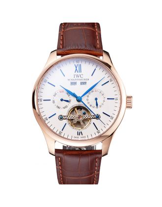 IWC Portofino Tourbillon White Dial Blue Markings Rose Gold Case Brown Leather Strap