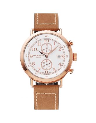 Hamilton Navy Pioneer Chrono White Dial Rose Gold Case Light Brown Leather Strap