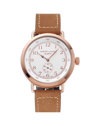 Hamilton Navy Pioneer Small Second White Dial Rose Gold Case Light Brown Leather Strap