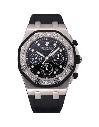 Swiss Audemars Piguet Royal Oak Chronometer Black Dial Diamond Bezel Stainless Steel Case Black Rubber Strap 622867