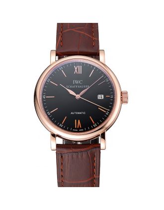 Swiss IWC Portofino Gold Case Black Dial Brown Leather Bracelet 622669