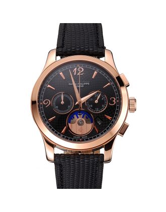 Patek Philippe Chronograph Black Guilloche Dial Rose Gold Case Black Leather Strap