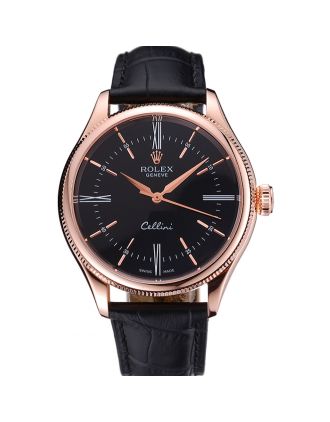 Rolex Cellini Black Dial Pink Gold Case Black Leather Strap 622842