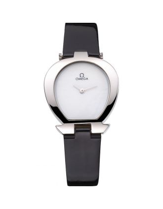 Omega Ladies Watch White Dial Stainless Steel Case Black Leather Strap 622818