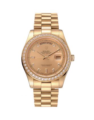 Swiss Rolex Day-Date Champagne Dial Diamond Bezel Gold Bracelet 1454099