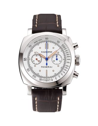 Swiss Panerai Radiomir 1940 Chronograph White Dial Stainless Steel Case Brown Leather Strap