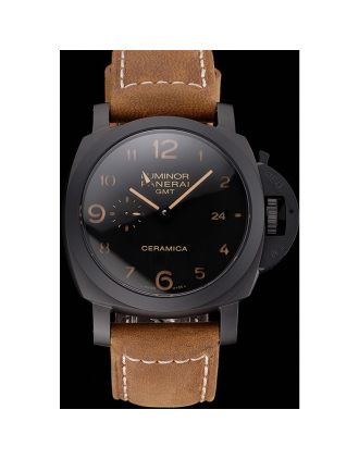 Swiss Panerai Luminor GMT Ceraica Black Dial Black Case Brown Leather Strap