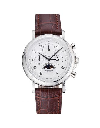 Patek Philippe Grand Complications White Dial Engraved Silver Case Brown Leather Bracelet 1454143