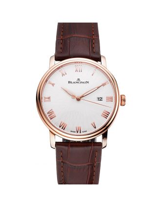 Blancpain Villeret Ultra Slim White Groved Dial Gold Numerals Rose Gold Case Brown Leather Strap