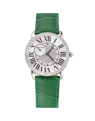 Cartier Ronde Louis Silver Diamond Case White Dial Green Leather Bracelet 1454012