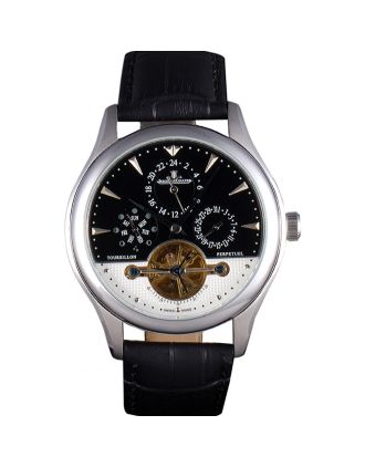 Jaeger Lecoultre Tourbillon Perpetuel Silver Bezel Black Leather Band 621614