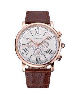 Cartier Rotonde Chronograph White Dial Rose Gold Case Brown Leather Strap