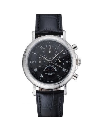 Patek Philippe Grand Complications Black Dial Engraved Silver Case Black Leather Bracelet 1454145