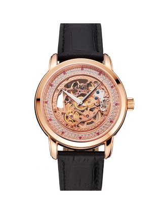 Swiss Piaget Altiplano Rose Gold Skeleton Dial With Diamonds Rose Gold Case Black Leather Strap