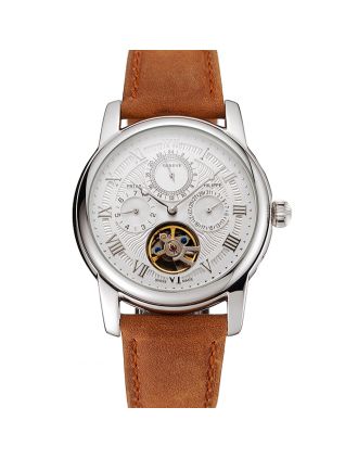 Patek Philippe Grand Complications Day Date Tourbillon Whie Dial Stainless Steel Case Brown Suede Leather Strap 1453817