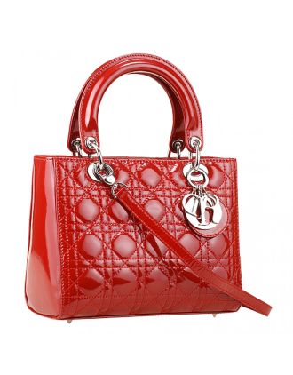 Dior Small Lady Cannage Bag Patent Leather Red