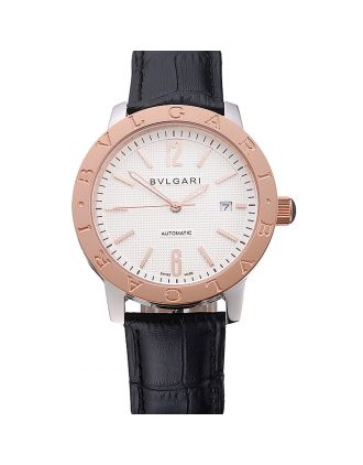 Bvlgari Novelties White Dial Gold Case Black Leather Strap