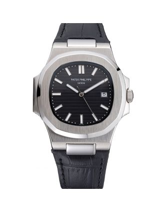 Patek Philippe Nautilus Black Dial Brushed Stainless Steel Case Black Leather Strap
