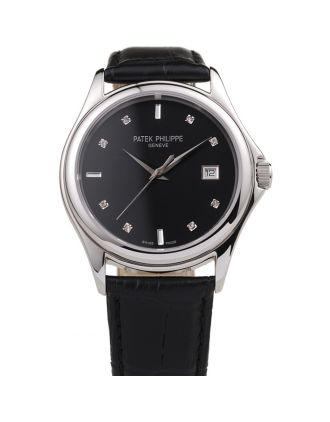 Patek Philippe Geneve Calatrava Crystal Studded Hour Marker Black Dial Black Leather Strap 98170