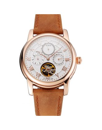 Patek Philippe Grand Complications Day Date Tourbillon White Dial Rose Gold Case Brown Suede Leather Strap 1453813
