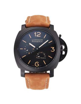 Panerai Luminor 1950 3 Days Power Reserve Black Dial Black Case Brown Suede Leather Strap