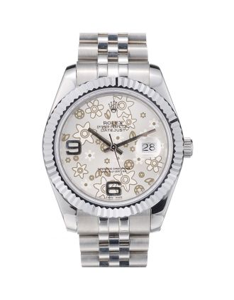 Rolex DateJust Stainless Steel Ribbed Bezel Flower Silver Dial 41983