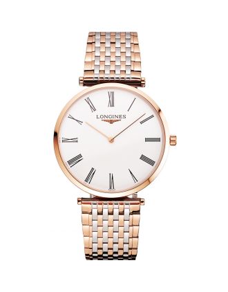 Swiss Longines Grande Classique White Dial Roman Numerals Rose Gold Case Two Tone Bracelet