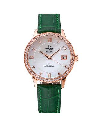 Omega DeVille Prestige Co-Axial Diamond Gold Case Mother-Of-Pearl Dial Green Leather Strap