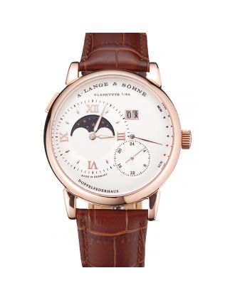 A. Lange & Sohne Grand Lange 1 Moon Phase White Dial Rose Gold Case Brown Leather Strap