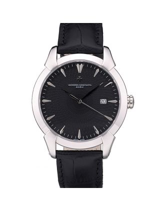 Swiss Vacheron Constantin Traditionnelle Black Dial Stainless Steel Case Black Leather Bracelet