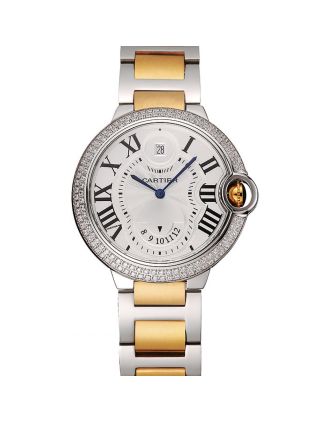 Swiss Cartier Ballon Bleu Two Timezone White Dial Diamond Case Gold And Silver Bracelet 1453876
