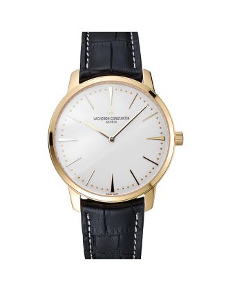 Swiss Vacheron Constantin Patrimony Grand Taille White Dial Gold Case Black Leather Bracelet 1454176