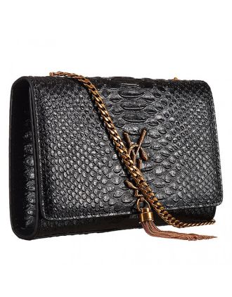 Saint Laurent Kate Monogram Tassel Python Leather Gold Hardware Black Medium Bag 18926844
