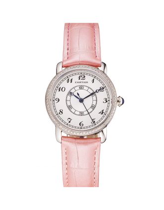 Cartier Ronde White Dial Diamond Bezel Stainless Steel Case Pink Leather Strap