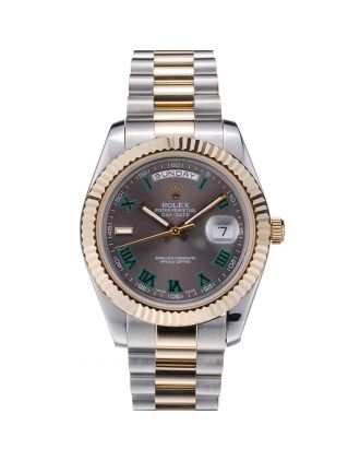 Rolex Swiss DayDate Gold Stainless Steel Ribbed Bezel Grey Dial 41909