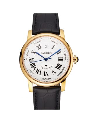 Swiss Cartier Rotonde Annual Calendar White Dial Gold Case Black Leather Strap