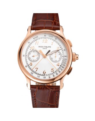 Swiss Patek Philippe Split Seconds Chronograph White Dial Rose Gold Case Brown Leather Strap
