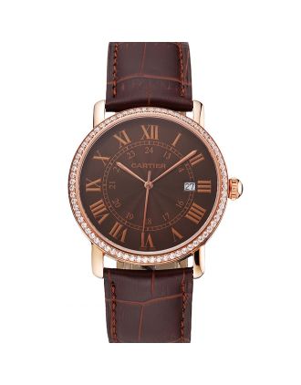 Cartier Ronde Solo Brown Dial Diamond Bezel Rose Gold Case Brown Leather Strap