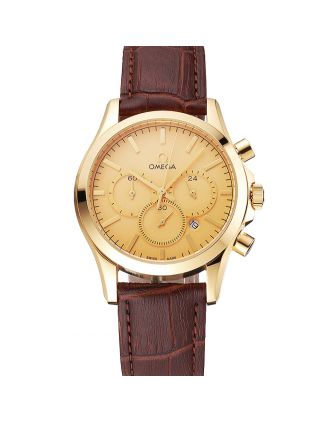 Omega Chronograph Gold Dial Gold Case Brown Leather Strap