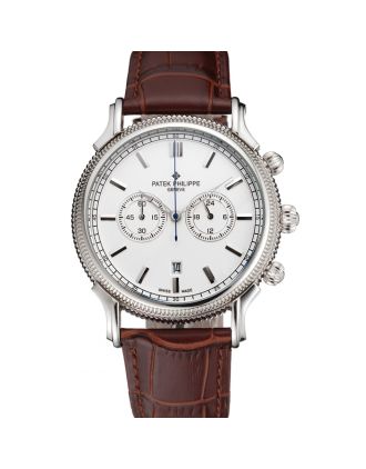 Patek Philippe Chronograph White Dial Stainless Steel Case Brown Leather Strap
