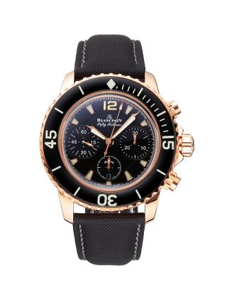 Swiss Blancpain Fifty Fathoms Flyback Chronograph Black Dial Black Bezel Rose Gold Case Black Canvas Strap