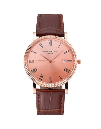 Patek Philippe Calatrava Rose Gold Dial Roman Numerals Ribbed Bezel Rose Gold Case Brown Leather Strap