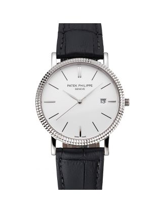 Patek Philippe Calatrava White Dial Ribbed Bezel Stainless Steel Case Black Leather Strap