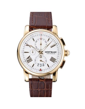 Montblanc Chronograph White Dial Brown Leather Bracelet Gold Case 1454113