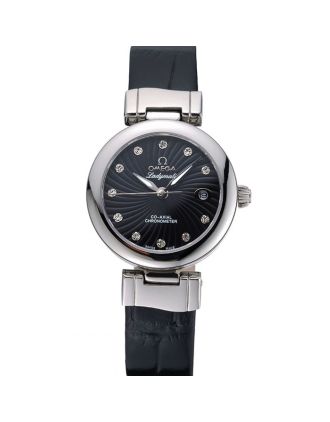 Omega Ladymatic Black Dial Black Leather Bracelet 622458