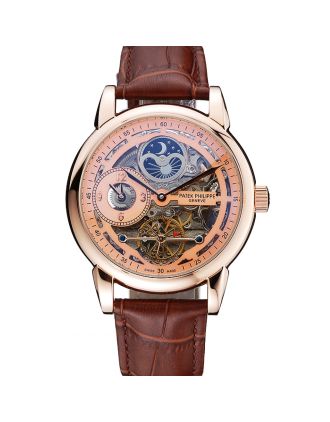 Patek Philippe Dual Time Moonphase Tourbillon Gold Skeletonised Dial Rose Gold Case Brown Leather Strap